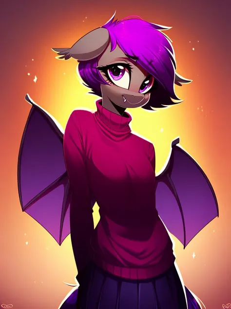 score_9, score_8_up, score_7_up, score_6_up, score_5_up, score_4_up, source_pony, anthro, Nolegs_PonyXL, 1girl, solo, (gray skin, purple eyes, fang, short purple hair, purple tail, small breasts), (sweater, skirt), skateboarding, detailed face, detailed eyes, crisp, detailed background, <lora:nolegs-v2:1>