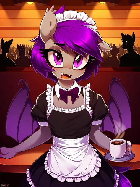 score_9, score_8_up, score_7_up, score_6_up, score_5_up, score_4_up, source_pony, anthro, Nolegs_PonyXL, 1girl, solo, (gray skin, purple eyes, fang, short purple hair, purple tail, small breasts), (maid uniform), holding tray, coffee mug, disposable cup, cafe, crowd, detailed face, detailed eyes, crisp, detailed background, <lora:nolegs-v2:1>