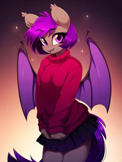 score_9, score_8_up, score_7_up, score_6_up, score_5_up, score_4_up, source_pony, anthro, Nolegs_PonyXL, 1girl, solo, (gray skin, purple eyes, fang, short purple hair, purple tail, small breasts), (sweater, skirt), skateboarding, detailed face, detailed eyes, crisp, detailed background, <lora:nolegs-v2:1>