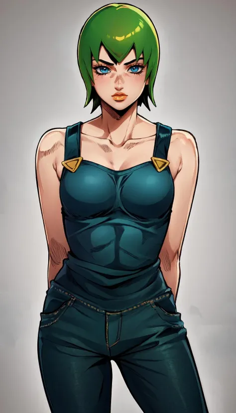 masterpiece, best quality, simple background,
araki hirohiko \(style\), jojo no kimyou na bouken,
foofighters, 1girl, solo, cowboy shot, looking at viewer, arm behind back,
<lora:FooFighters:1>,