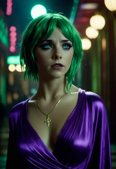 cinematic film still (((masterpiece))) , (((best quality))) , anime style, 2d, In a surreal and dreamlike world, a girl with mischievous eyes and piercing green hair stands still. Her head is tilted slightly as she gazes deeply into the distance. She wears her own purple wrap top, key visual, shallow depth of field, vignette, highly detailed, high budget Hollywood film, cinemascope, moody, epic, gorgeous,