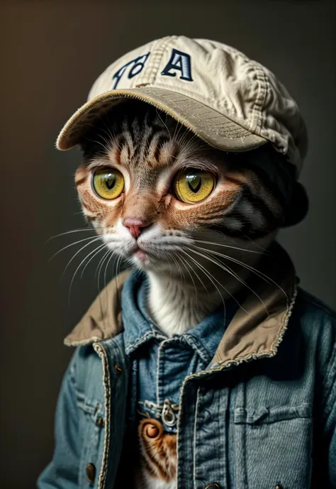 Realistic photo of an anthropomorphic cat dressed in human , wearing a cap and jacket, with big eyes and its head tilted to the side, against a studio background with soft light, in a portrait shot with high resolution photography in the style of hyper realistic<lora:SDHK:1><lora:SDHK:1>