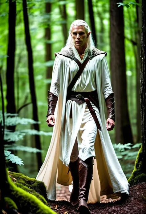 cinematic photo of male elf in white robe and leather armor walking through the forest, white hair,