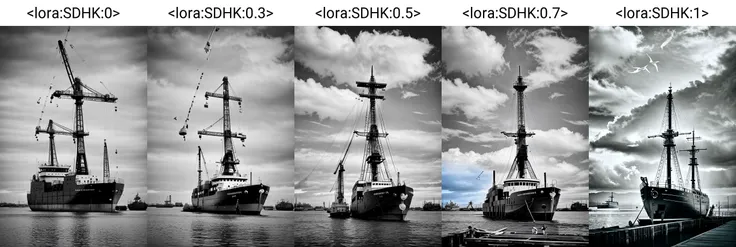 a black and white photo of a ship docked in the water next to cranes and other construction equipment, monochrome, greyscale, outdoors, sky, cloud, water, ocean, scenery, silhouette, watercraft, ship, boat, crane (machine), dock , photo by Jean-daniel Lorieux , <lora:SDHK:0>