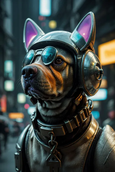 a close up of a dog wearing a helmet , photo by James Tye ,cyberpunk,  <lora:SDHK:0.75>