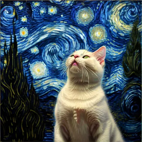 A young fat white cat is looking up, The background is Van Gogh's Starry Night,oil painting style<lora:SDHK:1><lora:SDHK:1>