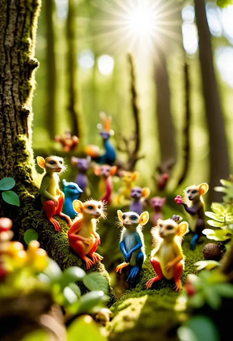 Microverse, photograph, a miniature world filled with colorful creatures, including a group of curious monkeys and an elderly rabbit, sits in the middle of a forest. The sun shines down on them, casting long shadows on their faces. A small village nestled in the trees is depicted as being made entirely of microverse, with its branches reaching towards the sky. In the distance, Fomapan 400, Depth of field 100mm, stylized by Eduard Cortes