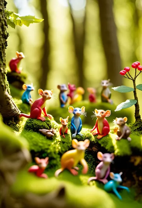 Microverse, photograph, a miniature world filled with colorful creatures, including a group of curious monkeys and an elderly rabbit, sits in the middle of a forest. The sun shines down on them, casting long shadows on their faces. A small village nestled in the trees is depicted as being made entirely of microverse, with its branches reaching towards the sky. In the distance, Fomapan 400, Depth of field 100mm, stylized by Eduard Cortes