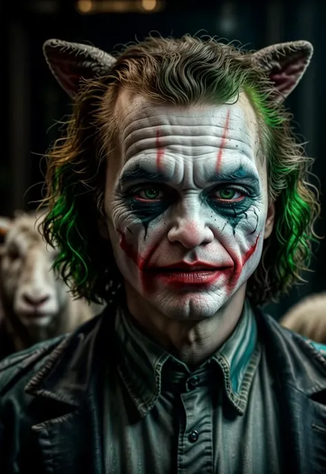 Head Ledger's Joker close-up among bleating sheep ,Detailed facial features. Photojournalism, Canon EOS R camera with 50mm f/1.8 lens, f/2.2 aperture, 1/200 second shutter speed, ISO 100 and natural light, hyper realistic photography, 16K, ultra thin, Hyperdetail, UHD, Colour Correction, HDR, colour grading, hyper realistic cg animation<lora:SDHK:1><lora:SDHK:1>