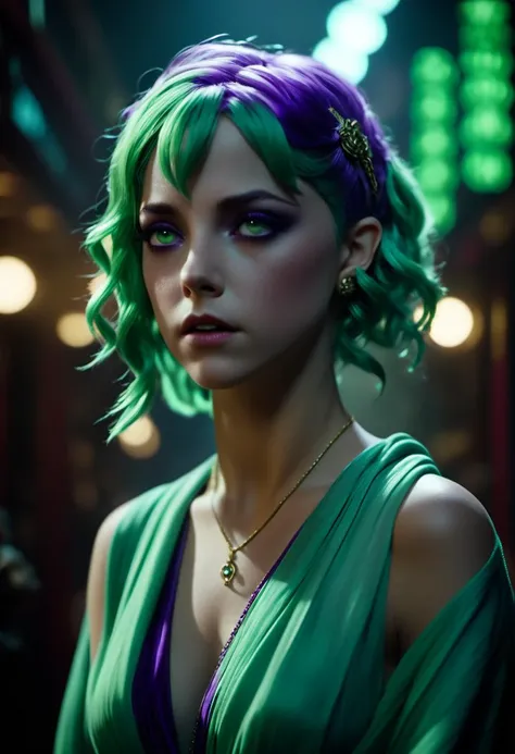 cinematic film still (((masterpiece))) , (((best quality))) , anime style, 2d, In a surreal and dreamlike world, a girl with mischievous eyes and piercing green hair stands still. Her head is tilted slightly as she gazes deeply into the distance. She wears her own purple wrap top, key visual, shallow depth of field, vignette, highly detailed, high budget Hollywood film, cinemascope, moody, epic, gorgeous, 