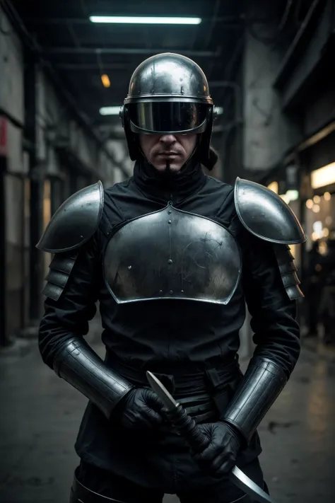 a man in a black suit with a helmet and two swords , photo by Yael Martínez ,cyberpunk,  <lora:SDHK:0.75>