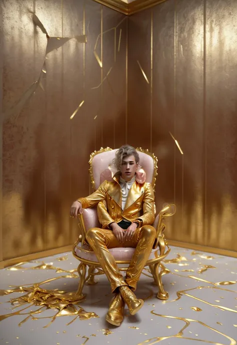 surreal photography, futuristic, modern, young male, sitting on a giant abstract chair made of ceramic, disheveled hair, large light pinkish gray powder explosion directly behind him, he is wearing velvet and metallic gold detail futuristic outfit with a large collar in gold with white details, clouds and gold painted on walls with Wainscoting, deep shadows<lora:SDHK:1><lora:SDHK:1>