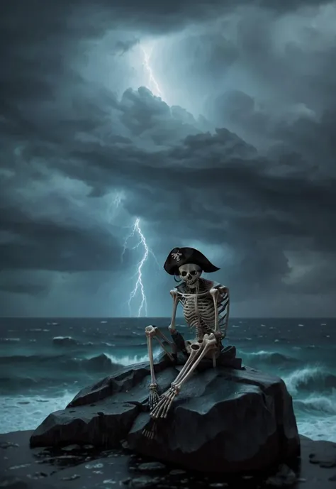 a skeletal pirate is sit on a rock in front of a storm sea, raining from sky<lora:SDHK:1><lora:SDHK:1>