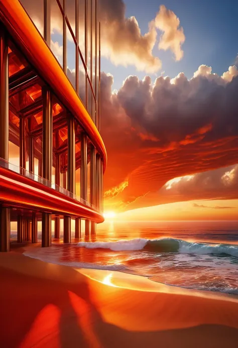 cinematic film still painting, a vibrant masterpiece depicts a serene seascape, with towering glass and steel structures lining the shore. The colors are bold and vivid, with shades of orange and red dominating the scene. A seagull flutters by, in focus, Wonder, volumetric lighting, L USM, Cathode tube, shallow depth of field, vignette, highly detailed, high budget Hollywood film, cinemascope, moody, epic, gorgeous, 