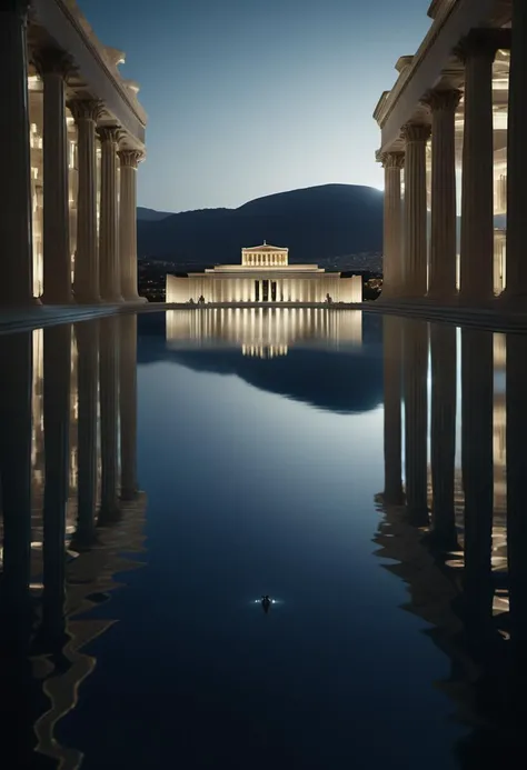 cinematic film still building, architecture of a In the heart of Acropolis, a shimmering lake reflects the bright lights of the city skyline. The water is still and sparkling, reflecting off its surface like waves in mid-air. Flying cars zoom by, their engines glowing with an otherworldly light. art by David Chipperfield, Sci-Fi, shallow depth of field, vignette, highly detailed, high budget Hollywood film, cinemascope, moody, epic, gorgeous, 