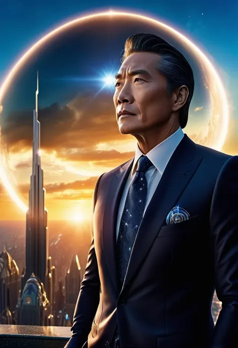 cinematic film still Marvel style portrait, digital art, a man in a sleek, black suit and tie stands in front of a glowing orb. His eyes are closed as he gazes out at the vast expanse of space. The background is filled with towering skyscrapers and intricate details, including the glow of stars and the sound of thunder. The scene is set against a backdrop of deep blue skies, with the sun setting behind him. at Overcast, exploration of beauty and identity, joyous atmosphere, by Hiroyuki-Mitsume Takahashi, detailed face, shallow depth of field, vignette, highly detailed, high budget Hollywood film, cinemascope, moody, epic, gorgeous, 