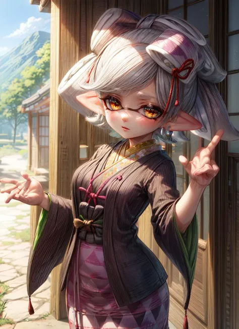 Crisp Contours、Detailed sagging eyes、Ochako、((Detailed face)),masterpiece,top-quality,(1 person) ,((light eyebrow:1.3))、slightly open mouth、Smile、((full body Esbian)), Girl with sheep motif、((Big sheep horns:1.3))、Silvery flabby eyes beautiful in every detail,((Gray round eyes)),((fluffy long wavy gray hair))、personification、Round childish face、loli big boobs、my hero akademia、((Wearing a white kimono)),((gloves)),((Stylish style)),((Hakama-shaped shorts:1.3)),Japanese pattern at hem、full body Esbian, With people as the main point of view、extra detailed body, girl with, femele, femele, Has a small, length hair,Hair with parted bangs, Hair pulled back, Eyes with beautiful jewel-like details, large full breasts, thighs thighs thighs thighs, grey eyes, de pele branca, abundance, Reference Sheet,