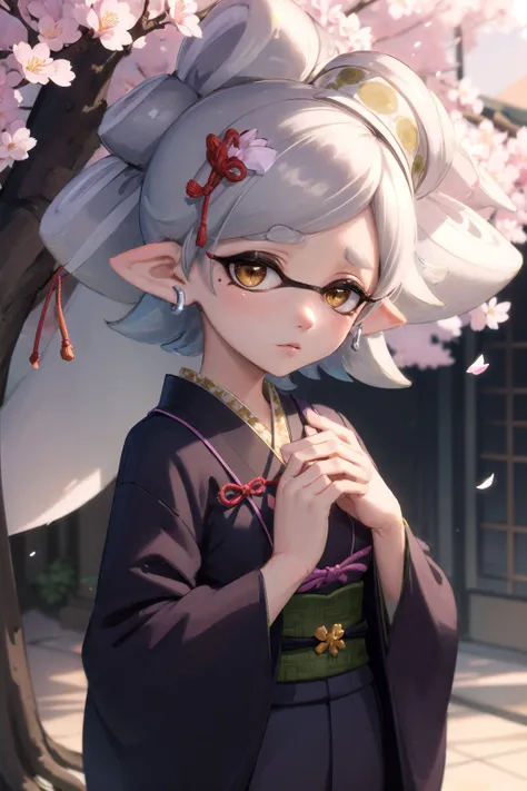 (masterpiece, best quality:1.2), <lyco:splatoon_marie-10:1.0>, cowboy shot, solo, 1girl, marie, expressionless, closed mouth, looking at viewer, own hands together, tentacle hair, symbol-shaped pupils, japanese clothes, haori, obi, cherry blossom trees