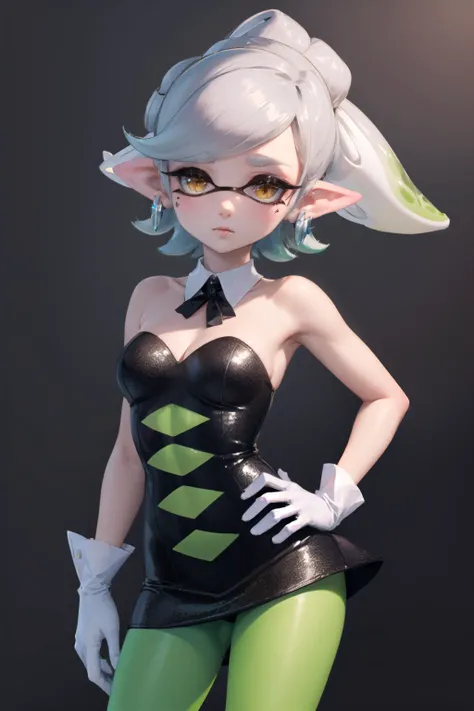 (masterpiece, best quality:1.2), <lyco:splatoon_marie-10:1.0>, cowboy shot, solo, 1girl, marie, expressionless, closed mouth, looking at viewer, hand on hip, tentacle hair, symbol-shaped pupils, dress, green pantyhose, (gloves:1.1), jewelry, earrings, bare shoulders