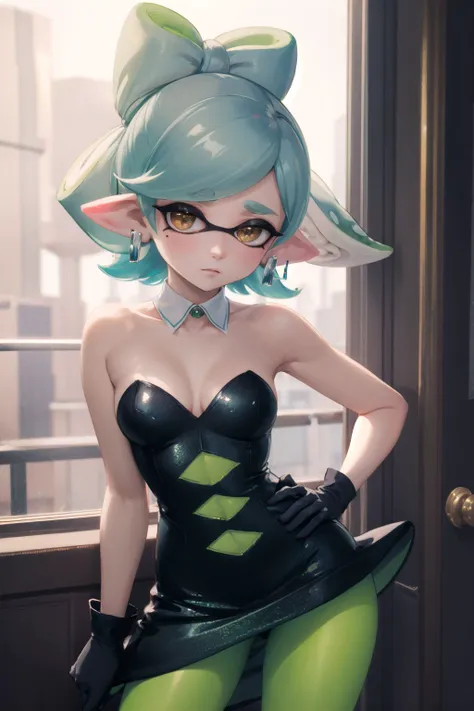 (masterpiece, best quality:1.2), <lyco:splatoon_marie-10:1.0>, cowboy shot, solo, 1girl, marie, expressionless, closed mouth, looking at viewer, hand on hip, tentacle hair, symbol-shaped pupils, dress, green pantyhose, (gloves:1.1), jewelry, earrings, bare shoulders