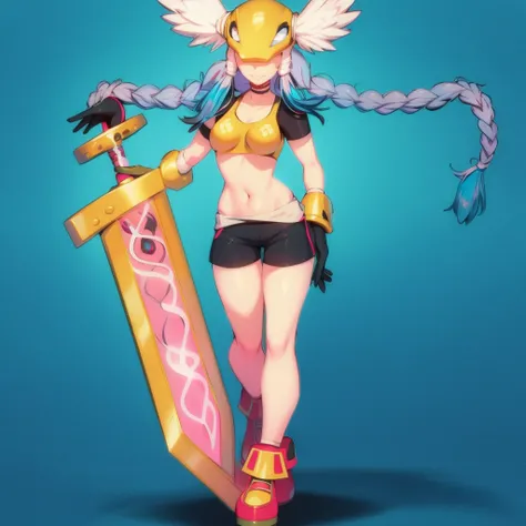 ,((masterpiece: 1.2)),ultra-detailed, ultra high res, high quality, 4K, solo, 1girl,extreamly delicate and beautiful,illustration,masterpiece,(illustration),(highres),sword,(fullbody),digimon,standing,blue_hair,(crossed leg),twin_braids,tight shorts,