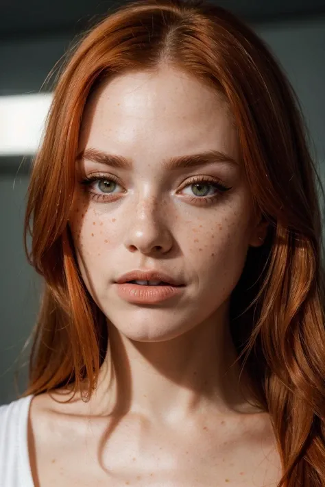 ((Eye-Level Shot)),((Close-Up)),((Glamour Portrait)),(best quality, high quality, sharp focus:1.4), european beautiful woman, (long orange hair:1.1), (freckles:1.1), mode face, makeup, (light matt lipstick:1.1), look at the viewer, shirt, best quality, realistic , masterpiece, dark theme