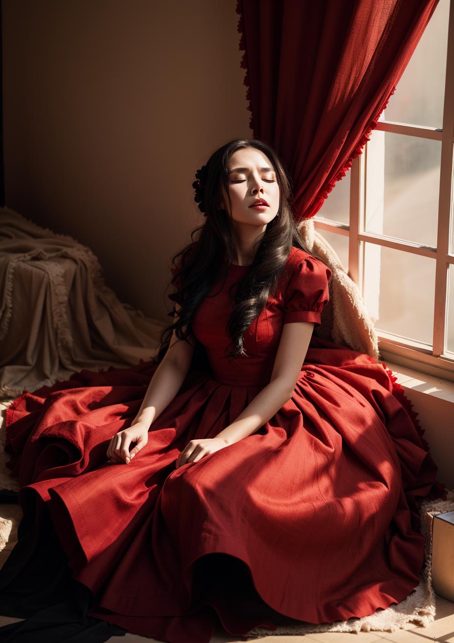 A woman in a red dress sitting on a bed next to a window - SeaArt AI