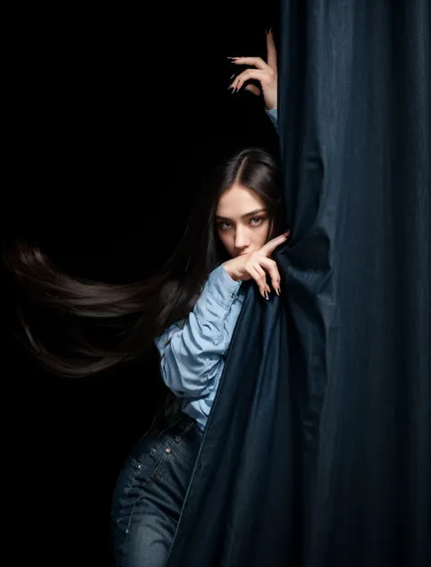 1girl,solo,long hair,black background,black hair,pants,simple background,shirt,fingernails,looking at viewer,long sleeves,denim,arm up,floating hair,cowboy shot,black nails,brown hair,black screen,a pure black background,hand holding the curtain,, masterpiece, best quality,
