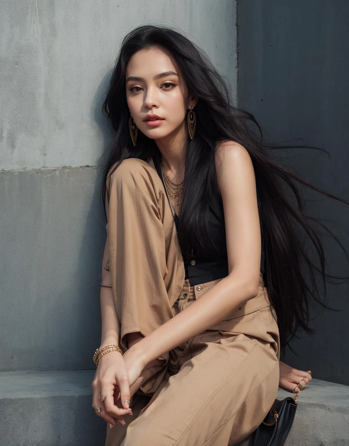 1girl,solo,jewelry,long hair,black hair,realistic,earrings,sitting,ring,lips,bag,pants,bracelet,knee up,sleeveless,looking at viewer,pants,cotton material,loose and comfortable,blazer,, masterpiece, best quality,