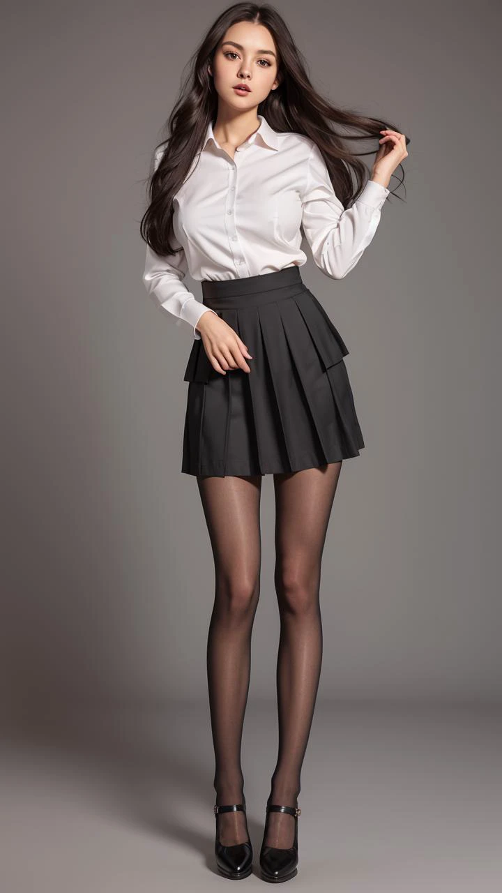 1girl,solo,long hair,pantyhose,full body,skirt,black hair,black footwear,arm behind back,standing,looking at viewer,grey background,simple background,long sleeves,brown eyes,brown hair,black skirt,breasts,lips,high-waist skirt,suit,, masterpiece, best quality,