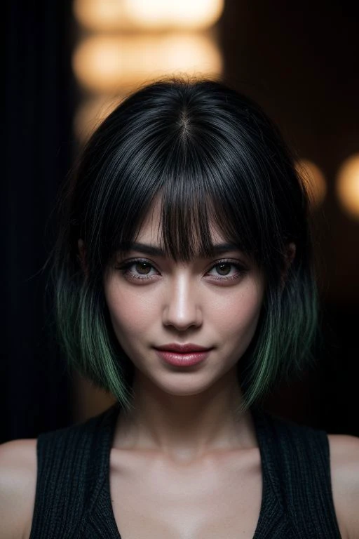 1girl, ((mature)), HDR,UHD,8K, best quality, masterpiece, Highly detailed, extreme detailed description, physically-based rendering, purple lighting, extreme detail description, Professional, ((Black Hair, bangs, messy hair, short hair, sweet smile, green eyes)), ((Focus on face, beautiful, gorgeous, pretty, seductive, sexy))