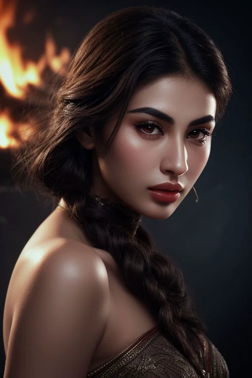 biography book cover art, photographic, authentic, historical, muted colors portrait of Mouni Roy in a stunning dress , mystical fires behind her , vibrant pop inspired illustrated manga art style and artgerm, mistborn, striking detailed artstyle, woman with dark brown hair, trending on devian art, breathtaking digital art,SkinHairDetail,pureerosface_v1