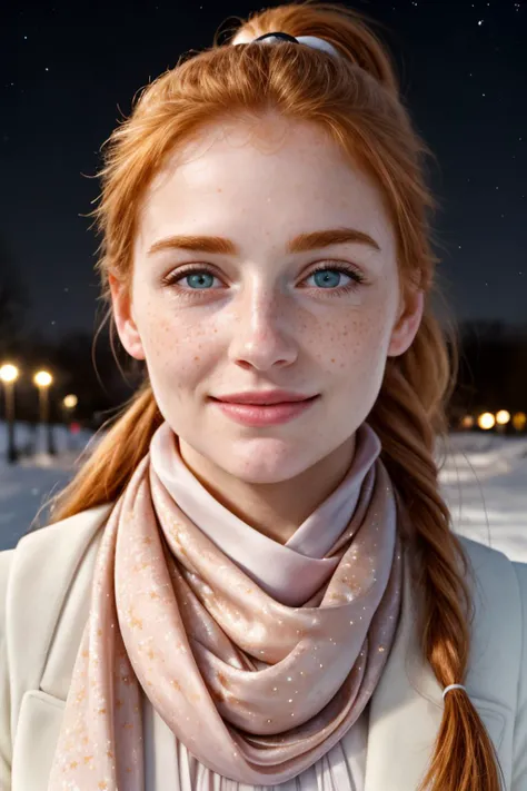 ultra realistic, masterpiece, UHD HDR photo, wide close up of woman on snow-covered street in crystal clear starry night, smirk on her face, tightly bound messy ginger ponytail, silk scarf around neck,realistic face, freckles, very detailed skin, enhanced contrast, highly detailed, large field of depth f22, clear shadows and highlights