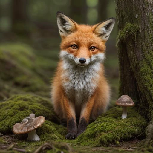 macrophotography, wooded underbrush of moss and mushrooms, fox kit, 8k UHD