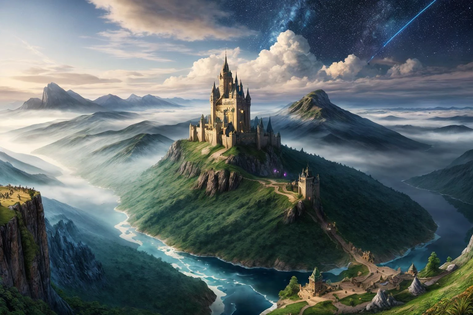 breathtaking
In the vast expanse of fantasy, where imagination knows no bounds, picture a landscape of unparalleled wonder. Behold towering mountains that pierce the sky, their peaks shrouded in mist and mystery. Valleys sprawl below, adorned with lush forests teeming with mythical creatures. Rivers of crystal-clear water wind through the land, reflecting the shimmering light of a thousand stars above. Castles rise from the landscape, their spires reaching towards the heavens, while dragons soar overhead, their majestic wings casting shadows upon the earth below. Here, in this realm of fantasy, adventure awaits at every turn, beckoning brave souls to explore its depths and unlock its secrets. . award-winning, professional, highly detailed