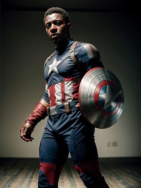 pelé wearing (captain america outfit:1.2), ((photographed by Vogue)),(best quality, high quality, sharp focus:1.4), realistic photo , best quality, realistic ,masterpiece,