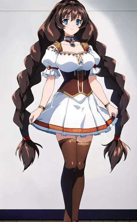 masterpiece, best quality,  <lora:marine:1> , 1girl,full body,solo, brown hair, blue eyes, twin braids, long hair, braid,