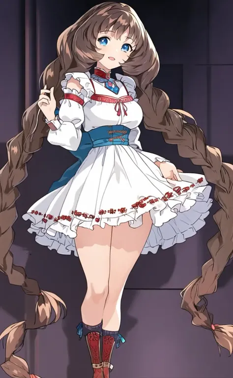 masterpiece, best quality, <lora:marine:1> , 1girl,full body,solo, brown hair, blue eyes, twin braids, long hair, braid,