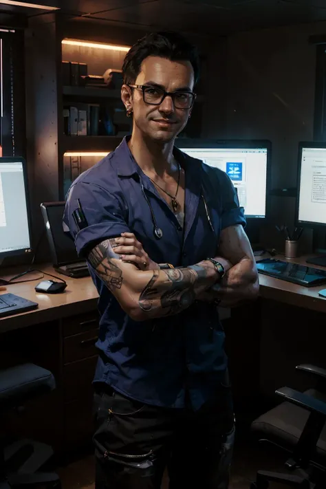 CyberViktor, black hair, glasses, jewelry, looking at viewer, serious, smiling, standing, arms crossed, inside a dark room, bright computer monitors, keyboard, futuristic, extreme detail, masterpiece, <lora:CyberViktor:.7>