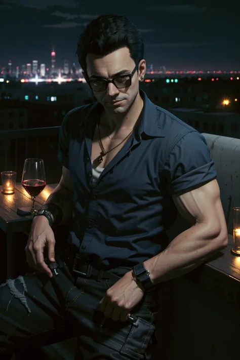 ((masterpiece, best quality))
<lora:CyberViktor:0.8>
CyberViktor, solo, black hair, 1boy, glasses, jewelry, at a high-end rooftop bar, sipping a martini while gazing at the stunning city skyline at night