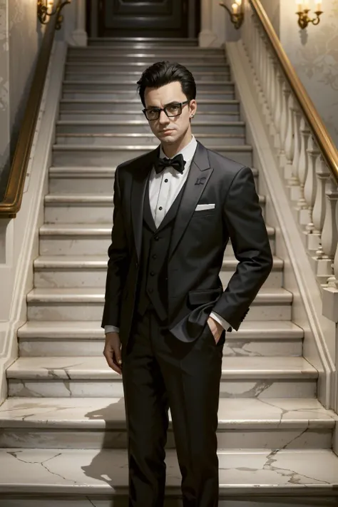 ((masterpiece, best quality))
<lora:CyberViktor:0.8>
CyberViktor, solo, black hair, 1boy, glasses, jewelry, In a formal tuxedo, standing beside an elegant staircase in a grand, opulent mansion