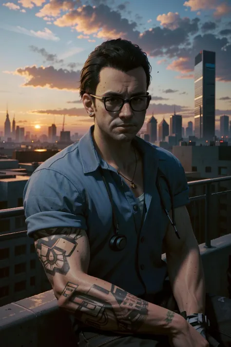 ((masterpiece, best quality))
 <lora:CyberViktor:0.8>
CyberViktor, solo, black hair, 1boy, glasses, city rooftop, sunset, warm and glowing light with a panoramic cityscape