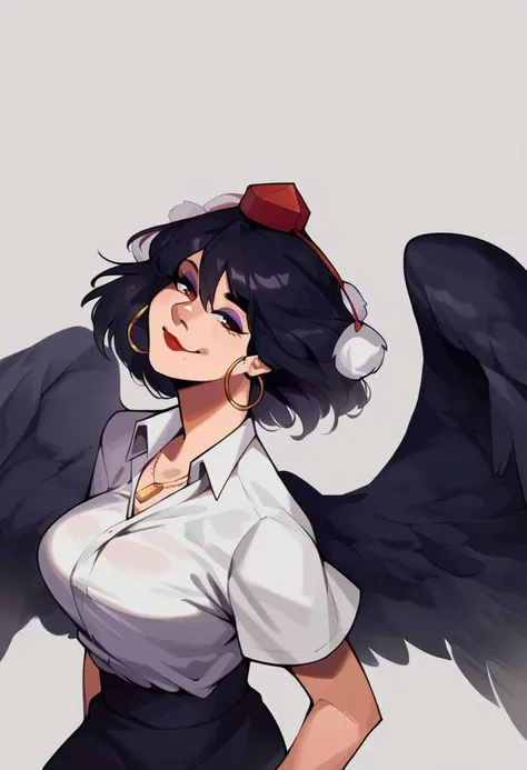 Score_9, score_8_up, score_7_up, score_6_up, score_5_up, score_4_up, source_anime, 1girl, solo, detailed eyes, upper body, ,1girl, shameimaru aya, 1girl, tokin hat, pom pom \(clothes\), black hair, short hair, collared shirt, white shirt, short sleeves, black bow, black skirt, frilled skirt,feathered wings, black wings,makeup, lipstick, eyeshadow ,purple eyeshadow,red lipstick,horny smile, lusty face, horny, lusty,mature_female,(closed mouth),nail polish,necklace,jewelry,hoop earrings,