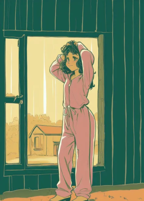 small breasts, hime cut, pajamas, embarrassed, armpits, oiled, beautiful scenery, shack, rain, standing[::8], looking at viewer,  <lora:Winton_Kidd_Style:0.85> winton kidd, silent comic, blush