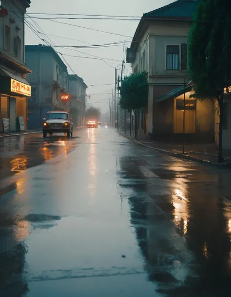 cccp, raw analog photo of an empty street, rain, cinematic still, cinemtic lighting, 4k, uhd, masterpiece