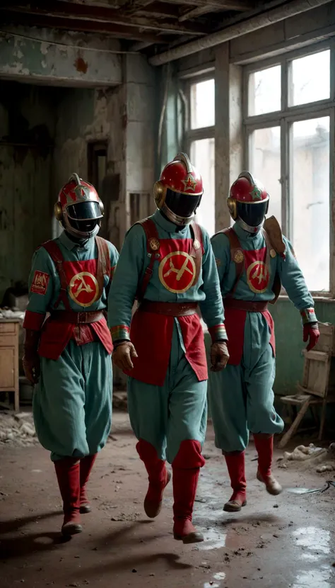 cccp, raw photo cinematic still, rule of thirds, 8k, hdr, group of mandalorians wearing helmets, dressed in traditional russian shirts dancing kalinka malinka, undefined