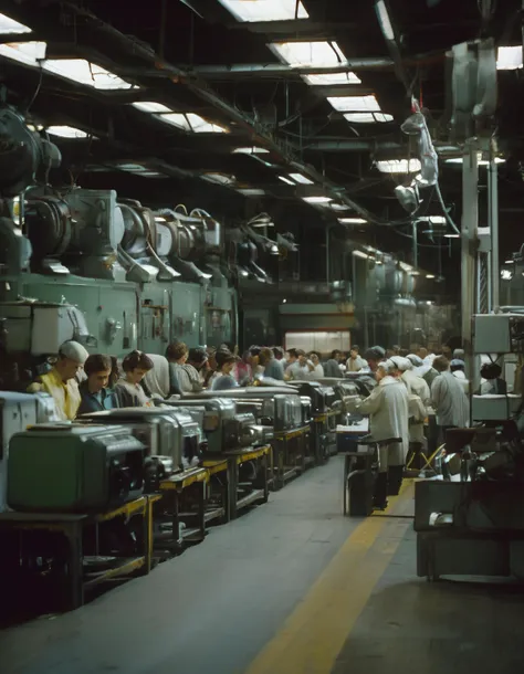 cccp, raw analog photo of a russian assembly line, cinematic still, cinemtic lighting, 4k, uhd, masterpiece