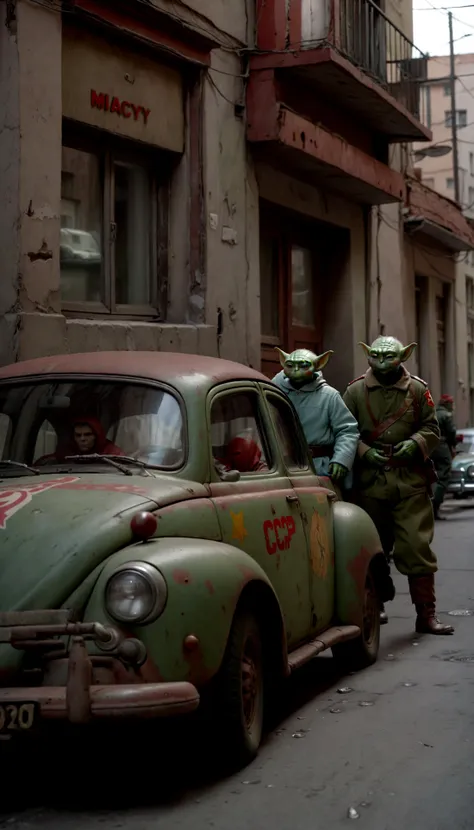 cccp, raw photo cinematic still, rule of thirds, 8k, hdr, baby yoda and mandalorian are visiting his grandma who works in Communist Party office, Soviet Street , cars, undefined