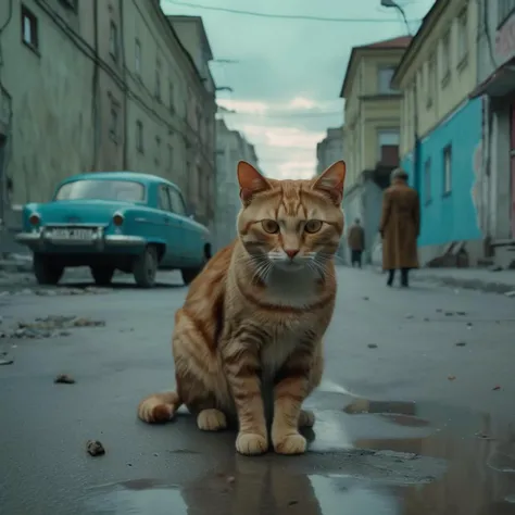 cccp, raw photo cinematic still, rule of thirds, 8k, hdr, stray dpg and cat roaming the streets