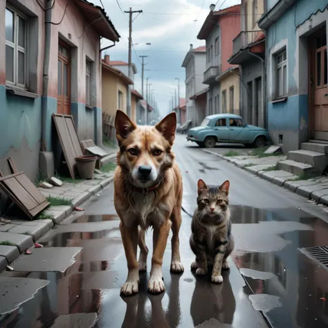 cccp, raw photo cinematic still, rule of thirds, 8k, hdr, stray dog and cat roaming the streets